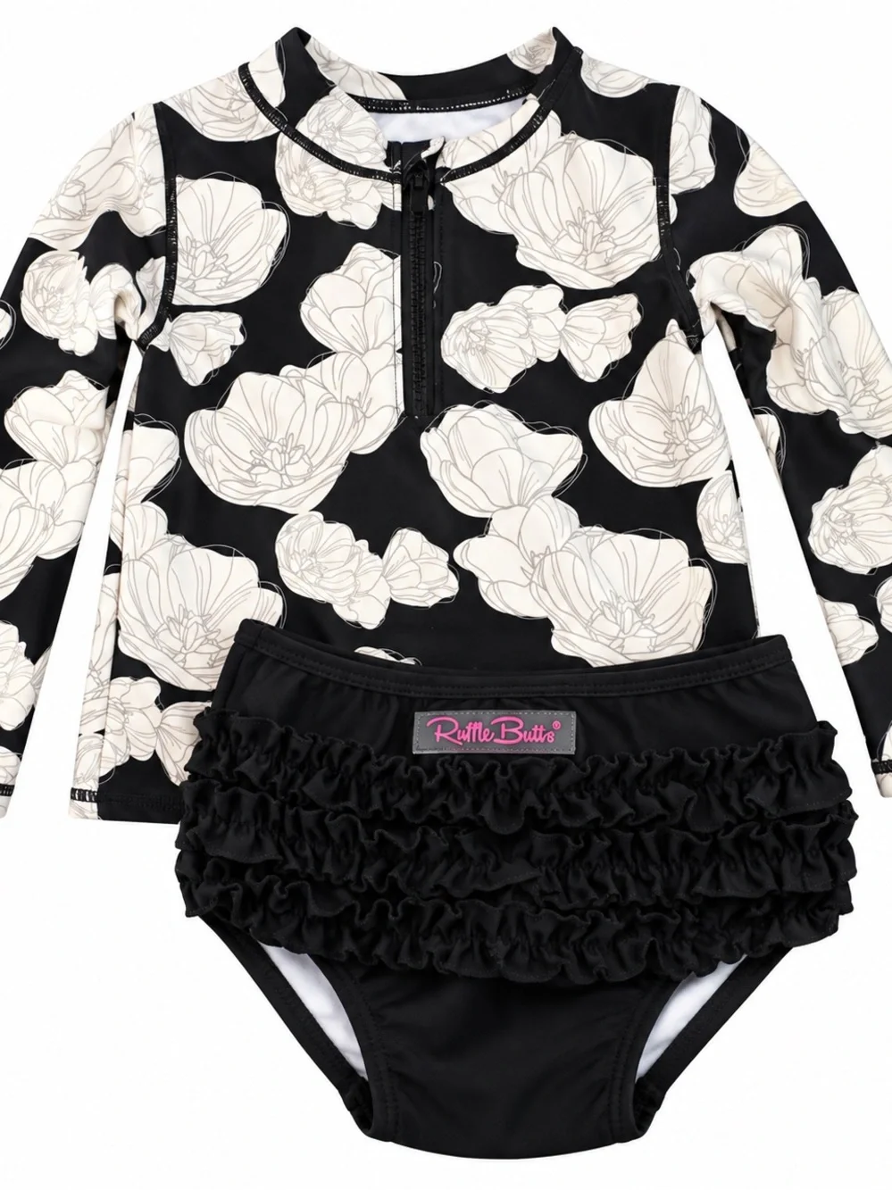 Ruffle Butts Black & Cream Floral Ruffle Rashguard Swim Set